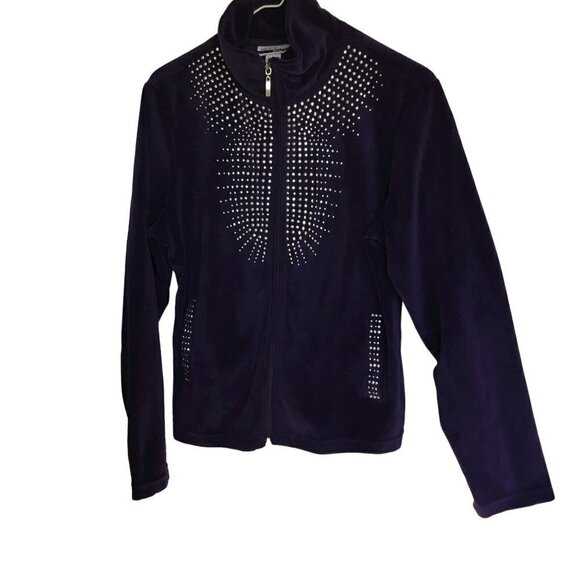 Mirror Image Vintage Sweatshirt Silver Studded Deep Purple Velour Sz Medium Zip - Picture 1 of 6